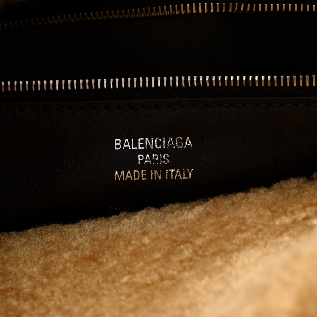 Crushed Calfskin Shearling Medium Rodeo Top Handle Handbag Brown Beige