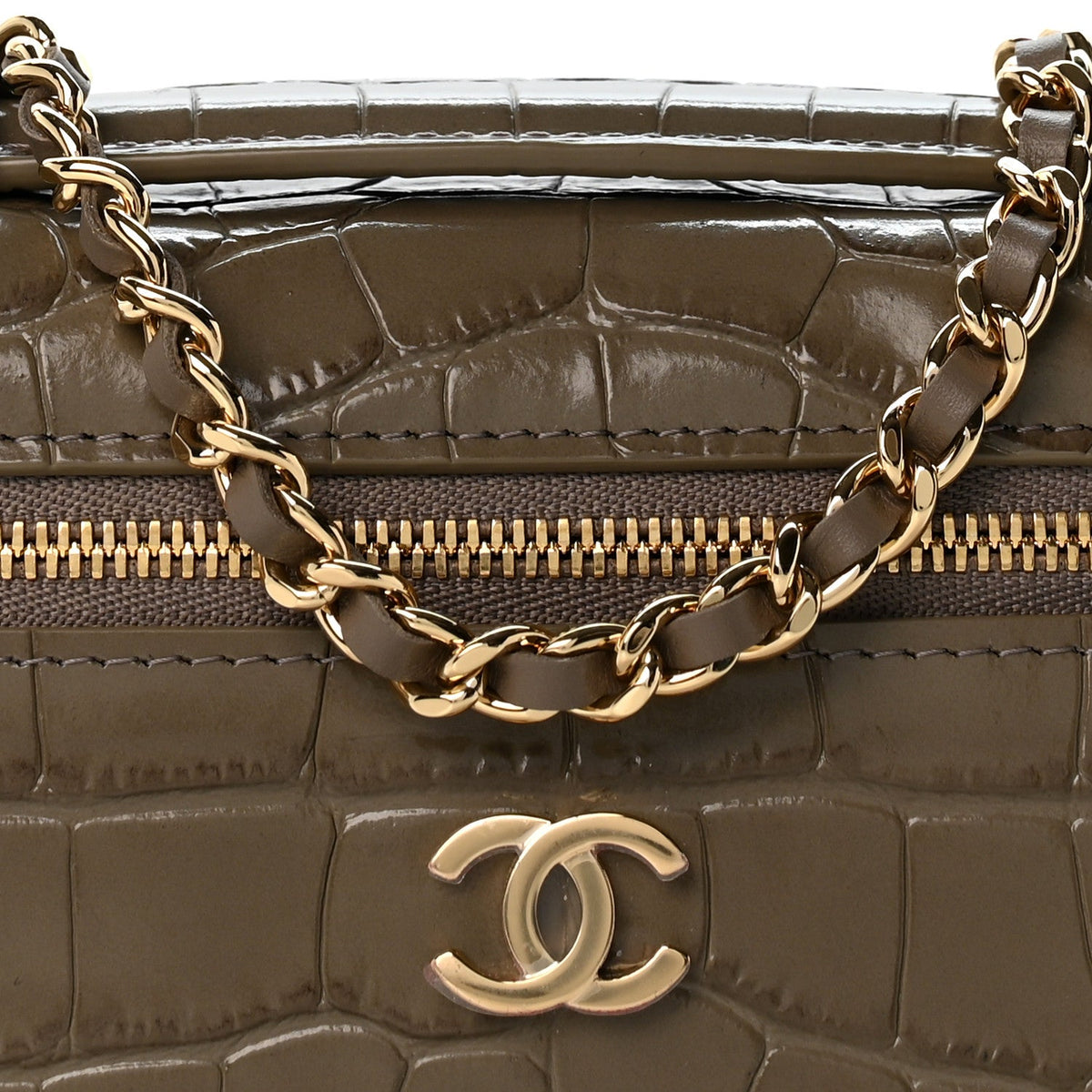 Calfskin Crocodile Embossed Top Handle Trapeze Small Vanity Case With Chain  Dark Khaki