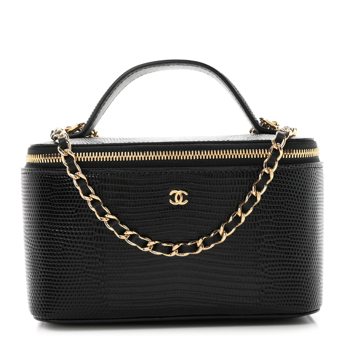 Calfskin Lizard Embossed Top Handle Vanity With Chain Black