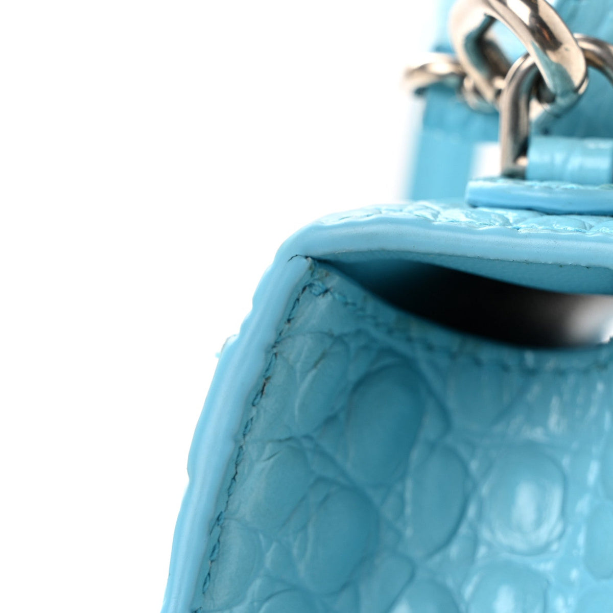 Shiny Calfskin Crocodile Embossed Hourglass Top Handle Bag XS Azur