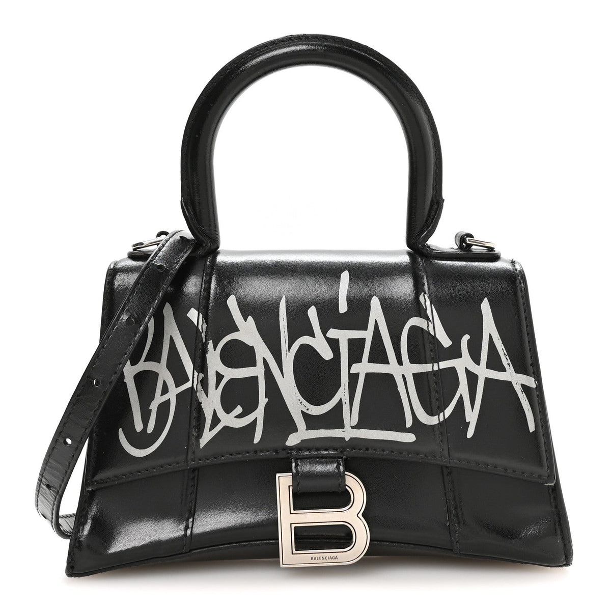 Box Calfskin Graffiti Logo Hourglass Top Handle Bag XS Black Silver