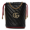 Vintage Effect Calfskin Matelasse Diagonal Mini Torchon GG Marmont 2.0 Bucket Bag Black Romantic Cherry