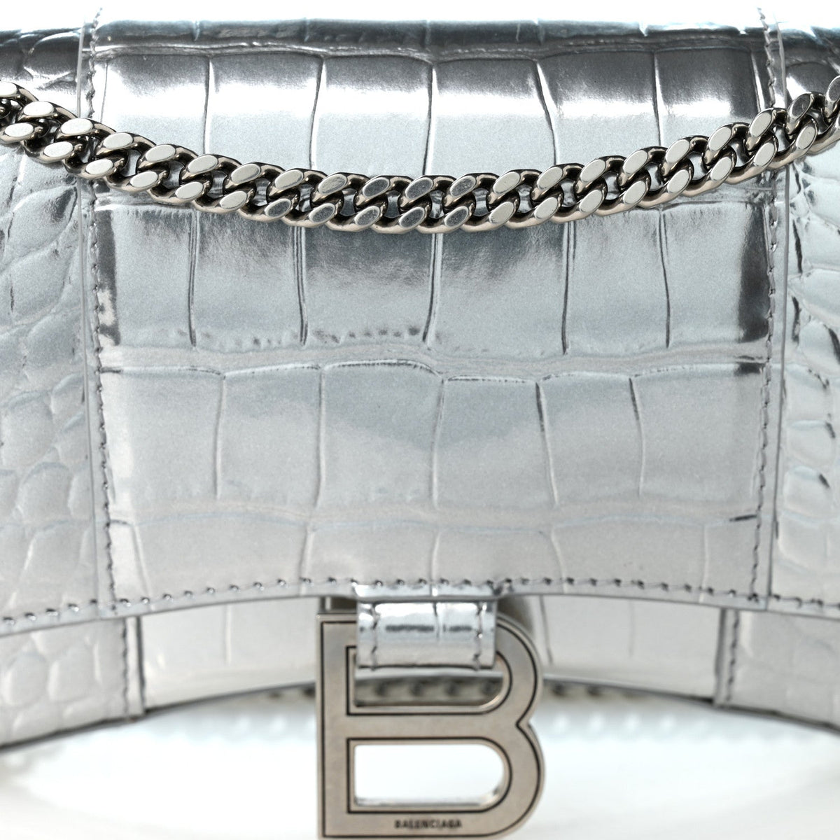 Metallic Calfskin Crocodile Embossed Hourglass Chain Bag Silver