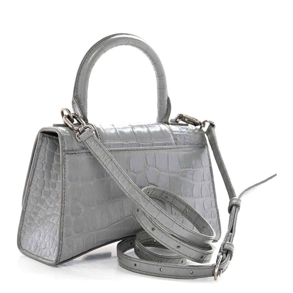 Shiny Calfskin Crocodile Embossed Hourglass Top Handle Bag XS Balenciaga Grey