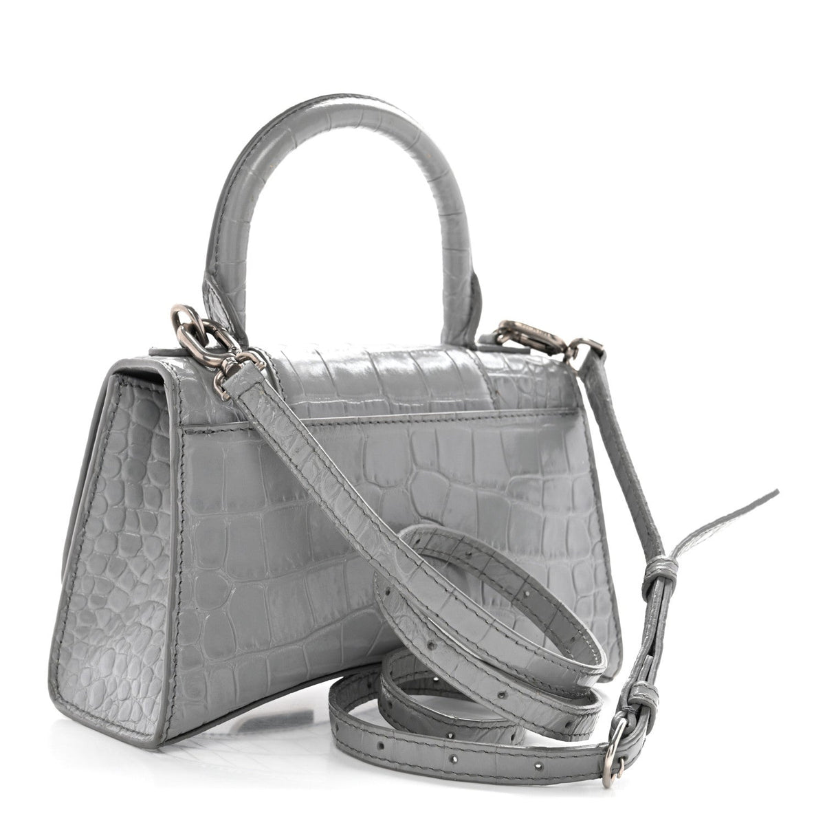 Shiny Calfskin Crocodile Embossed Hourglass Top Handle Bag XS Balenciaga Grey
