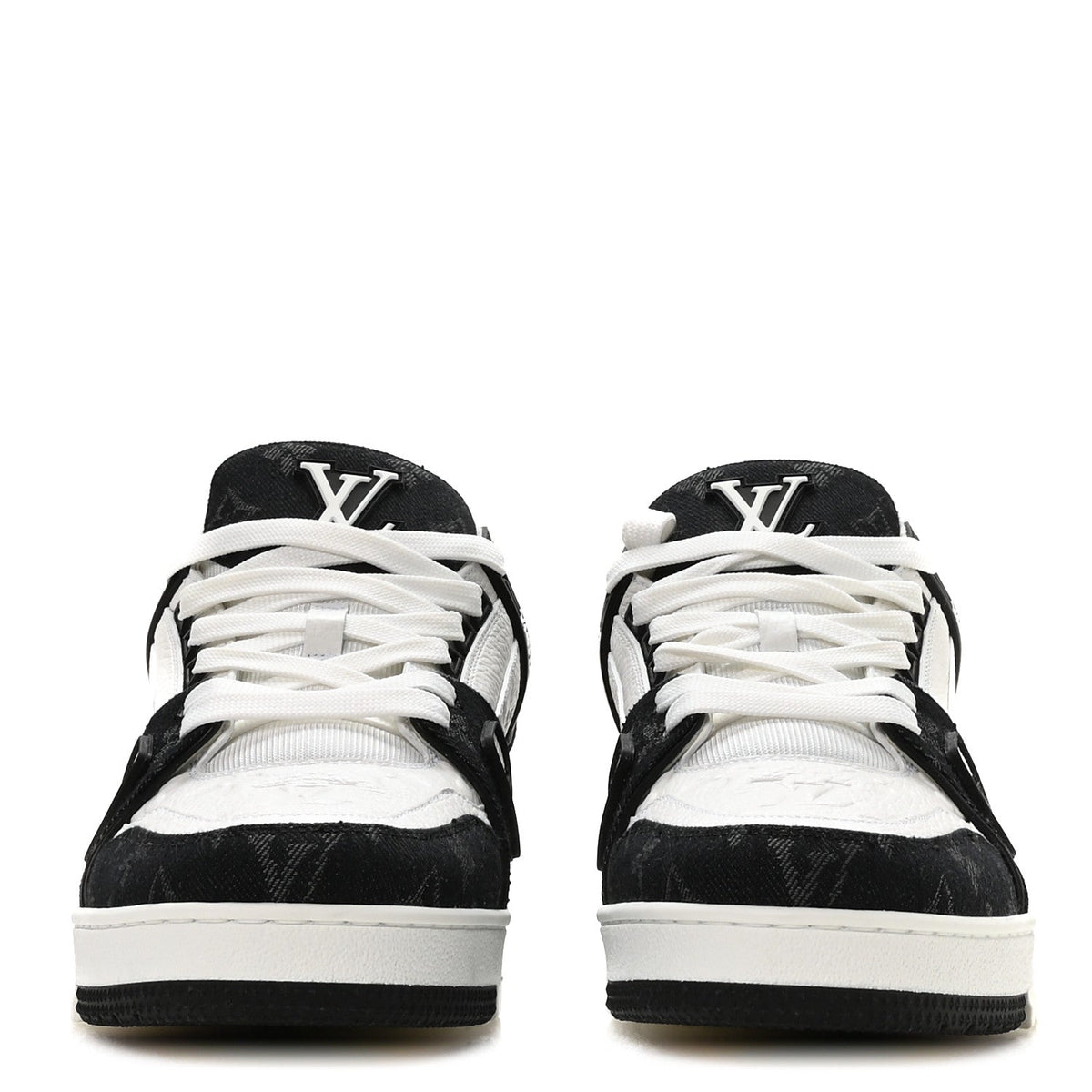 Calfskin Embossed Monogram Denim Mens LV Trainer Sneakers  9.5 Black