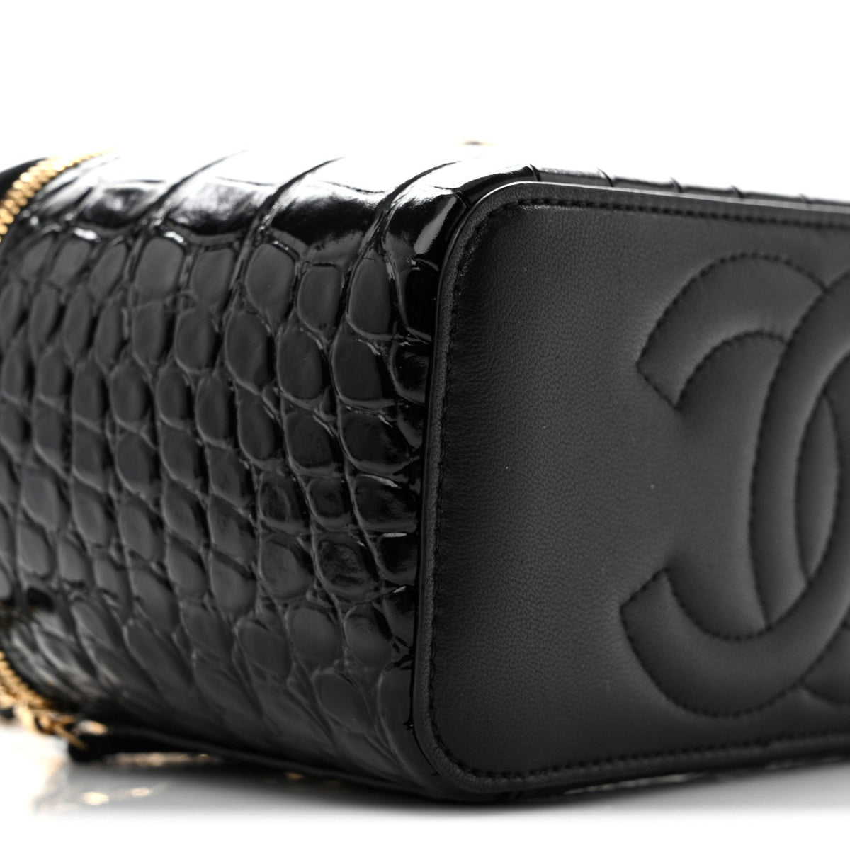 Calfskin Crocodile Embossed Crococo Small Top Handle Vanity Case With Chain Black