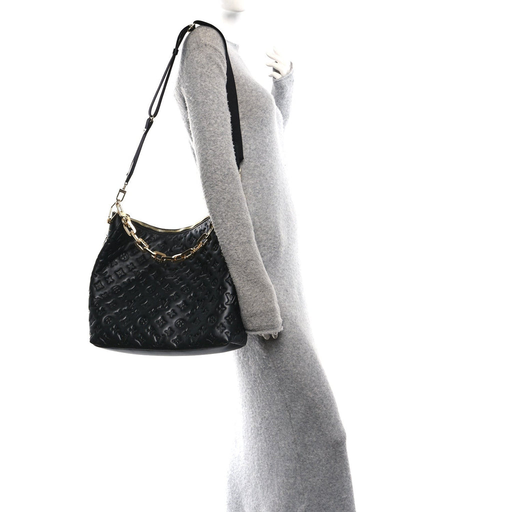Lambskin Embossed Monogram Coussin Hobo MM Black