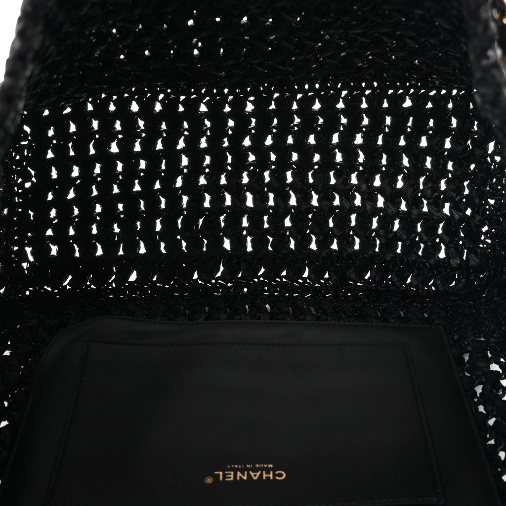 Raffia Effect Calfskin Coco Beach Shopping Tote Black