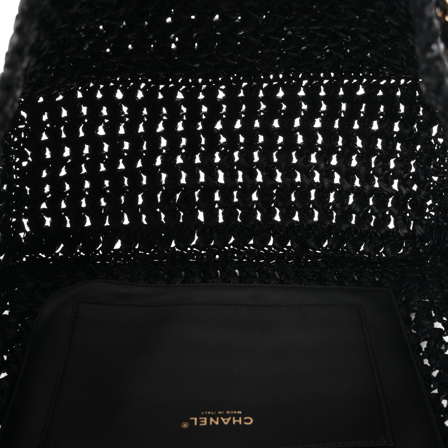 Raffia Effect Calfskin Coco Beach Shopping Tote Black