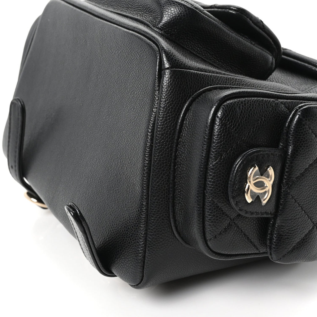 Shiny Caviar Quilted Small Pockets Drawstring Backpack Black