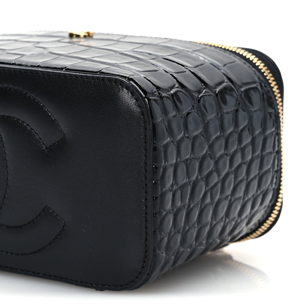 Calfskin Crocodile Embossed Crococo Small Top Handle Vanity Case With Chain Black