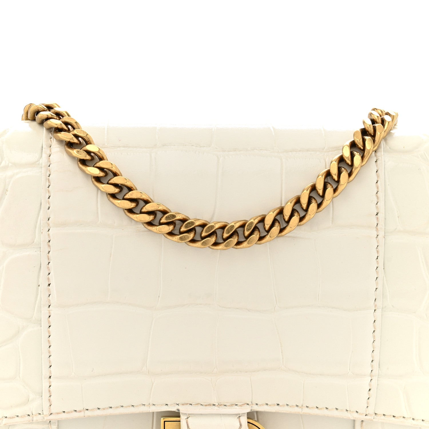 Shiny Calfskin Crocodile Embossed Hourglass Chain Bag White