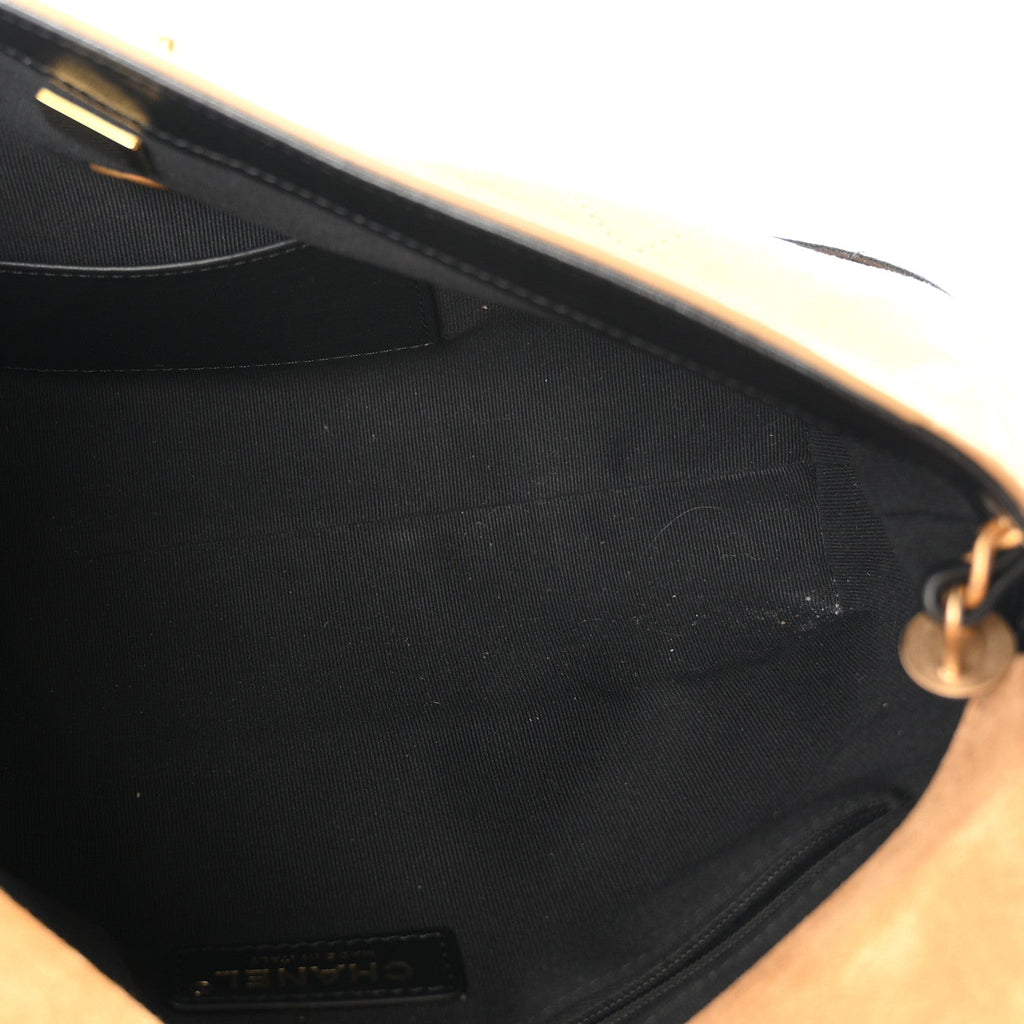 Suede Calfskin Shiny Lambskin Quilted Coco Base Flap Top Handle Bag Beige Black