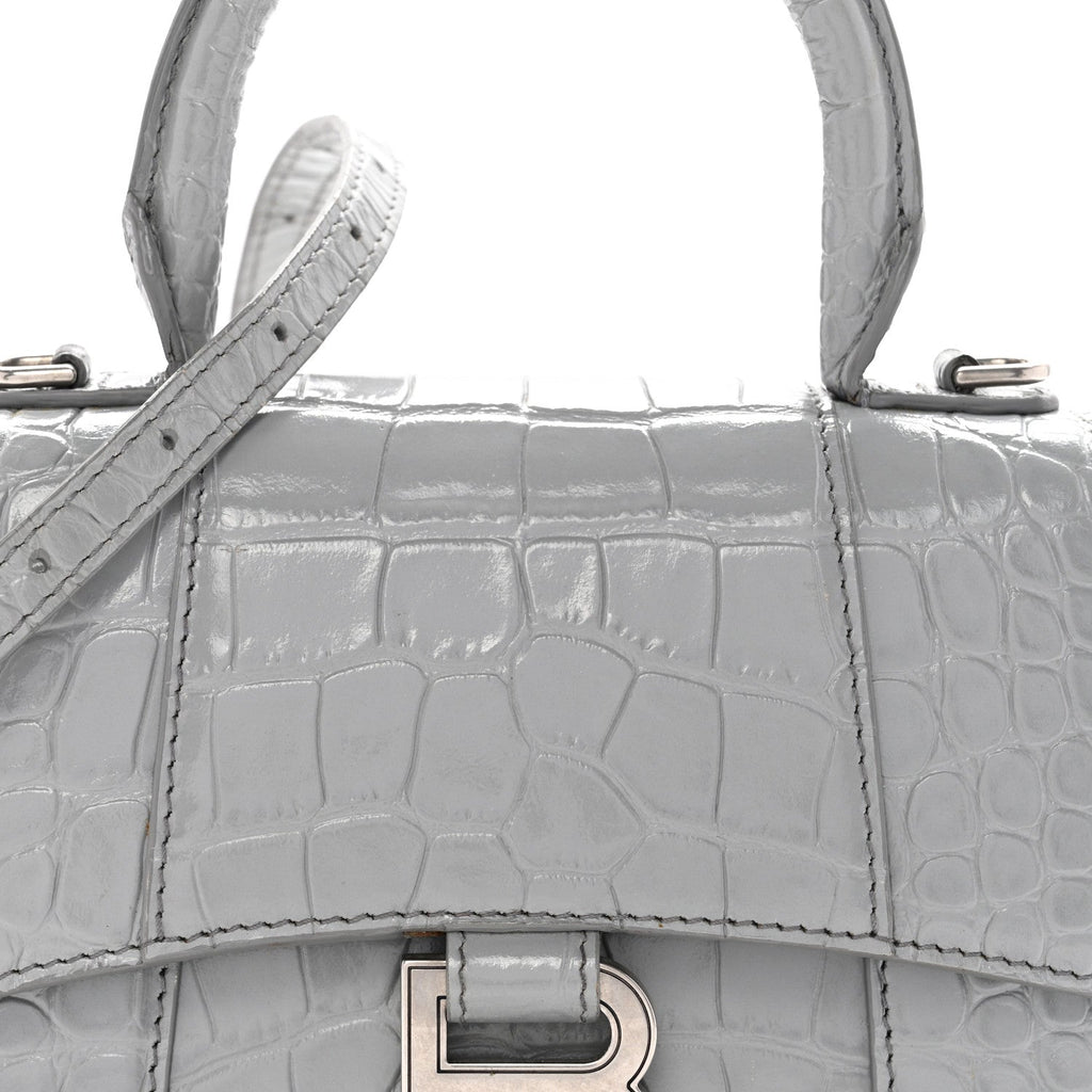 Shiny Calfskin Crocodile Embossed Hourglass Top Handle Bag XS Balenciaga Grey