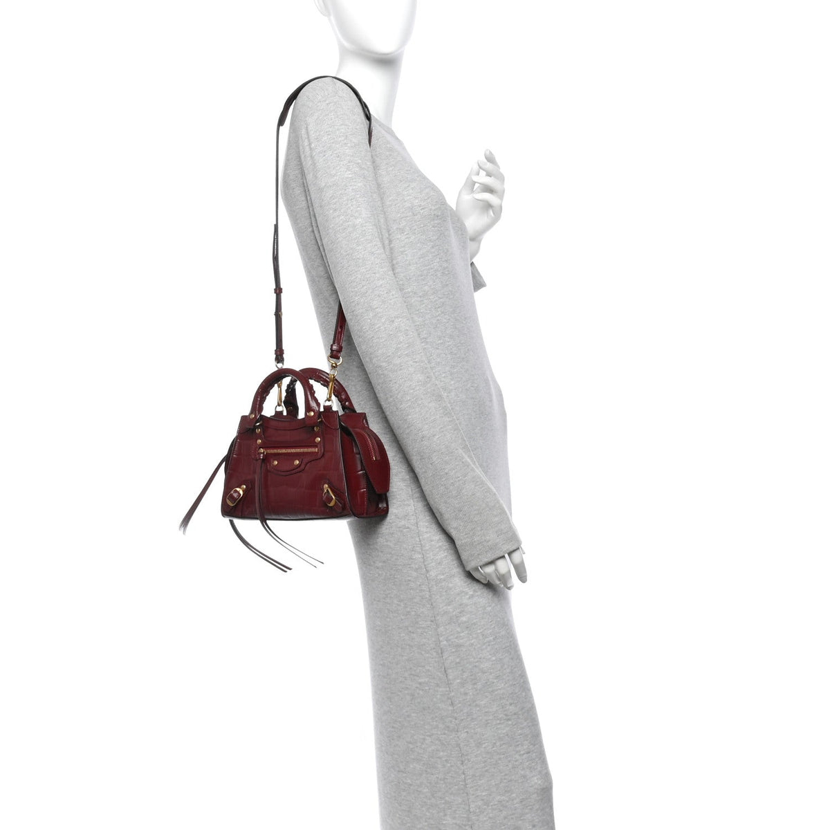 Semi Shiny Calfskin Crocodile Embossed Neo Classic Gold Hardware Mini City Dark Red