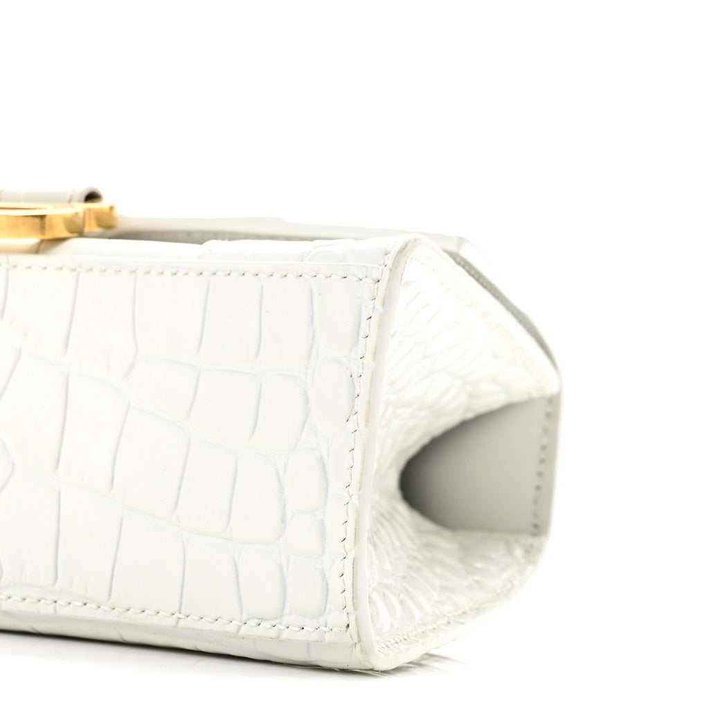 Shiny Calfskin Crocodile Embossed Hourglass Top Handle Bag XS White