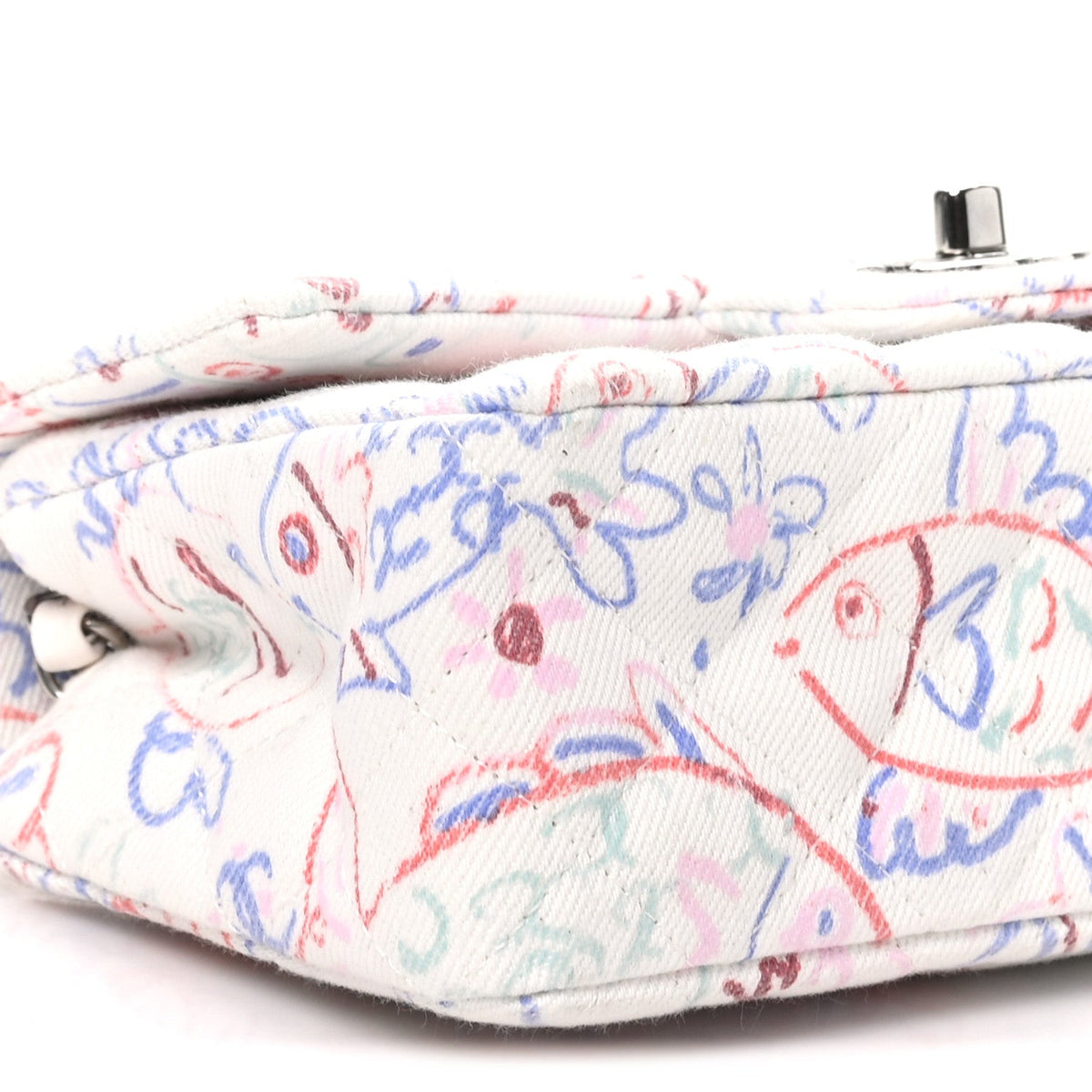 Denim Printed Fish Quilted Mini Rectangular Flap White Multicolor
