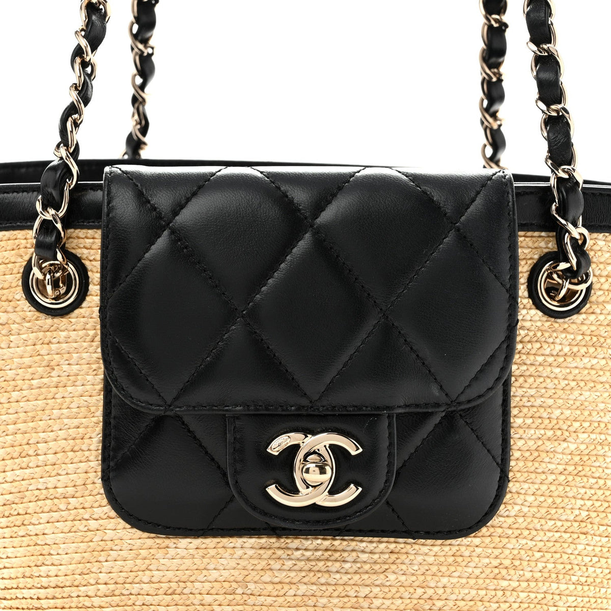 Raffia Braided Lambskin Small Shopping Tote Beige Black