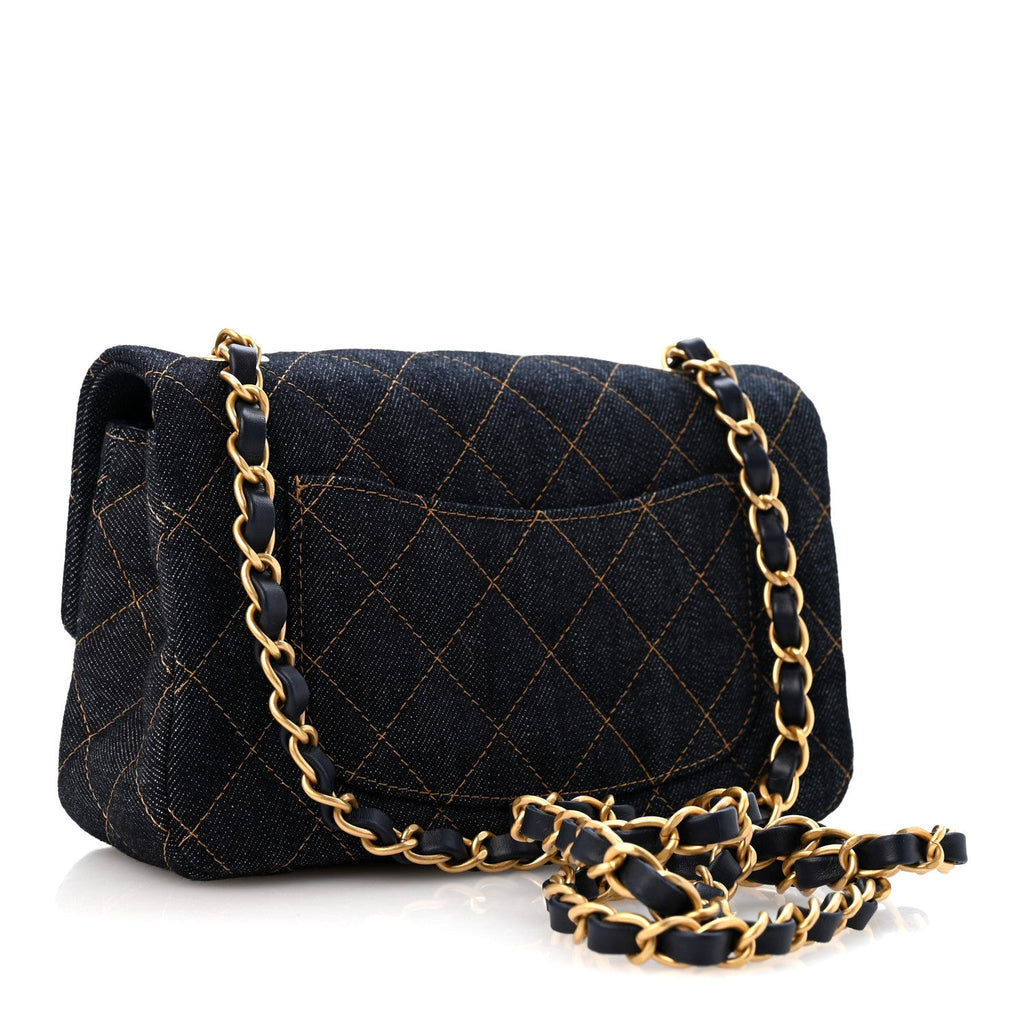 Denim Quilted Mini Rectangular Flap Dark Blue