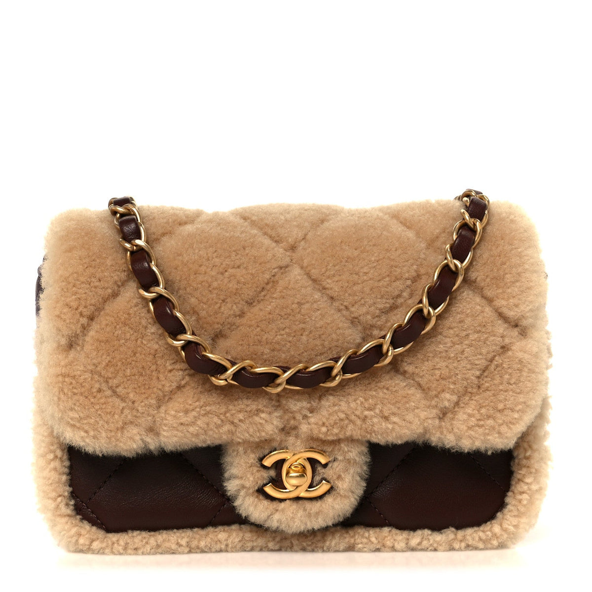 Shearling Lambskin Quilted Mini Furry Coco Flap Beige Dark Brown