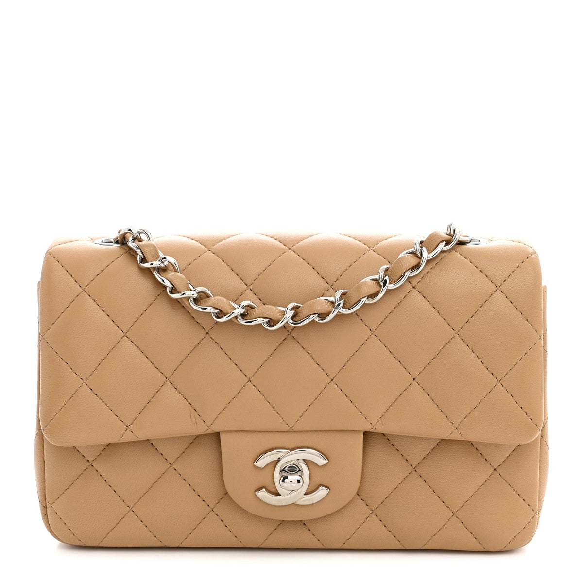 Lambskin Quilted Mini Rectangular Flap Dark Beige