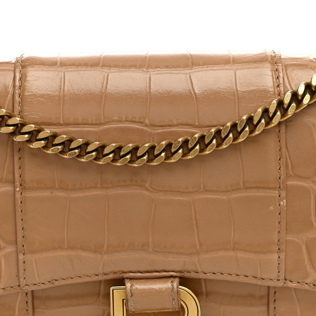 Shiny Calfskin Crocodile Embossed Hourglass Chain Bag Nude Beige