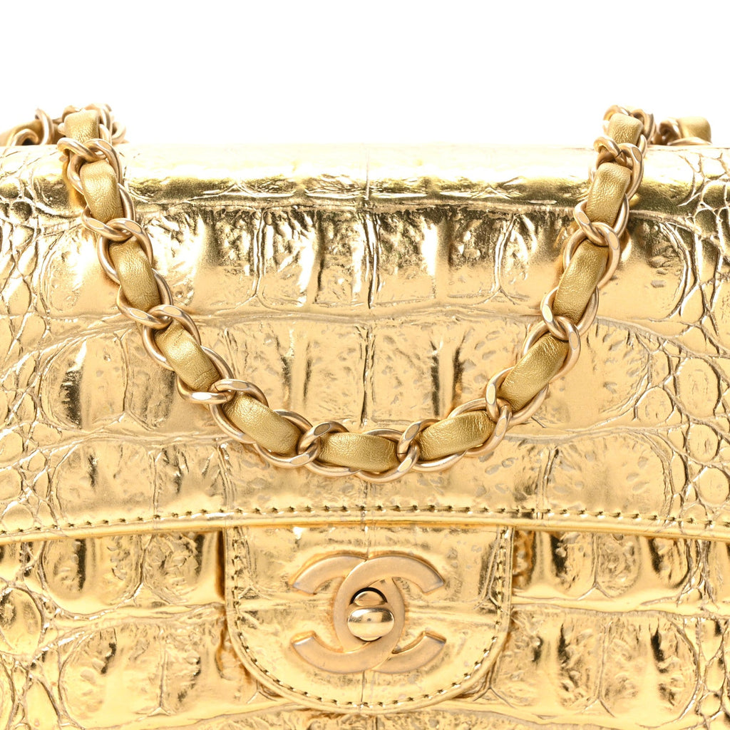 Metallic Calfskin Crocodile Embossed Cocodile Rectangular Mini Flap Gold