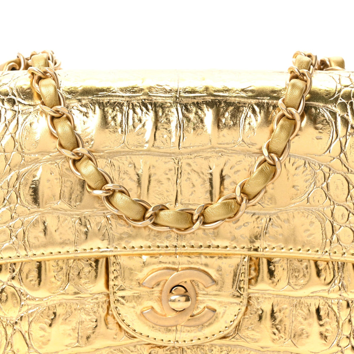 Metallic Calfskin Crocodile Embossed Cocodile Rectangular Mini Flap Gold