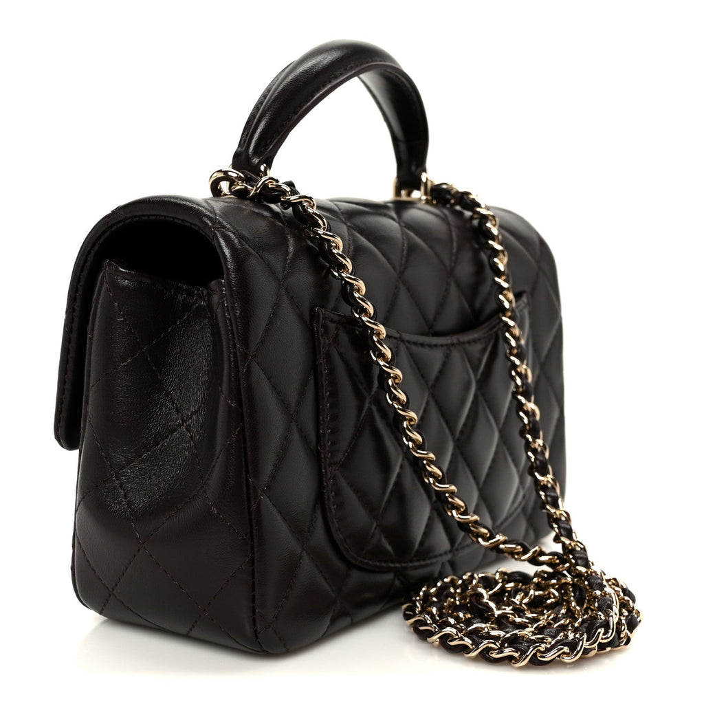Lambskin Quilted Mini Top Handle Rectangular Flap Dark Brown