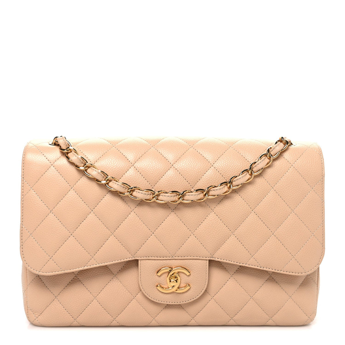 Caviar Quilted Jumbo Double Flap Beige