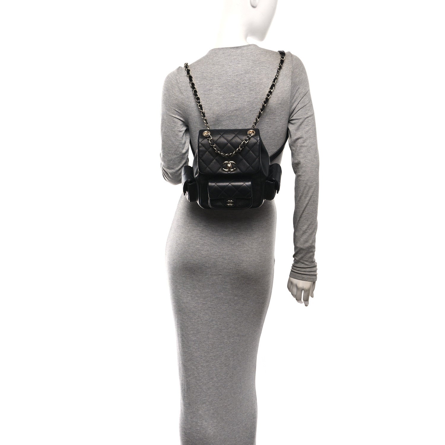 Shiny Caviar Quilted Small Pockets Drawstring Backpack Black
