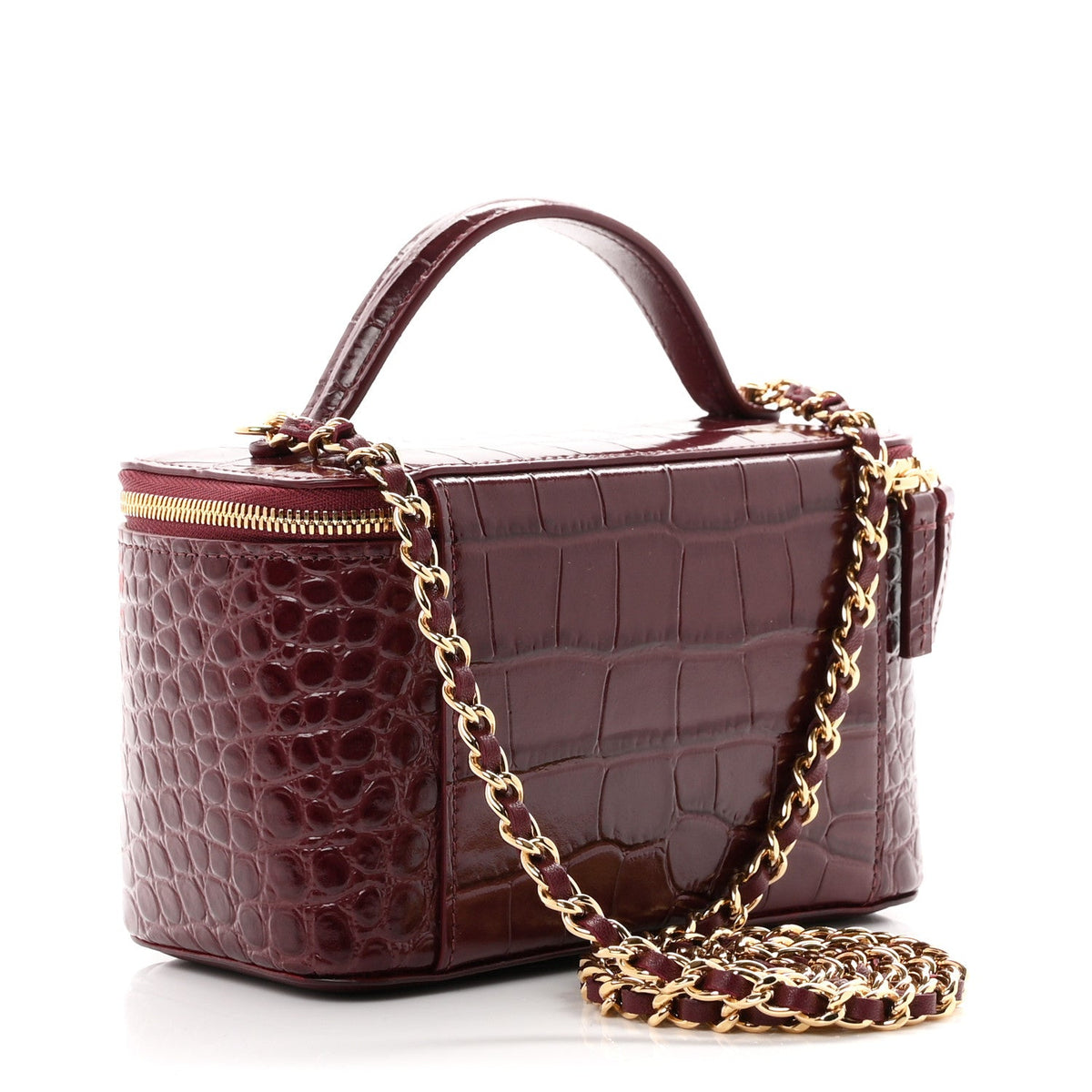 Calfskin Crocodile Embossed Crococo Small Top Handle Vanity Case With Chain Dark Burgundy