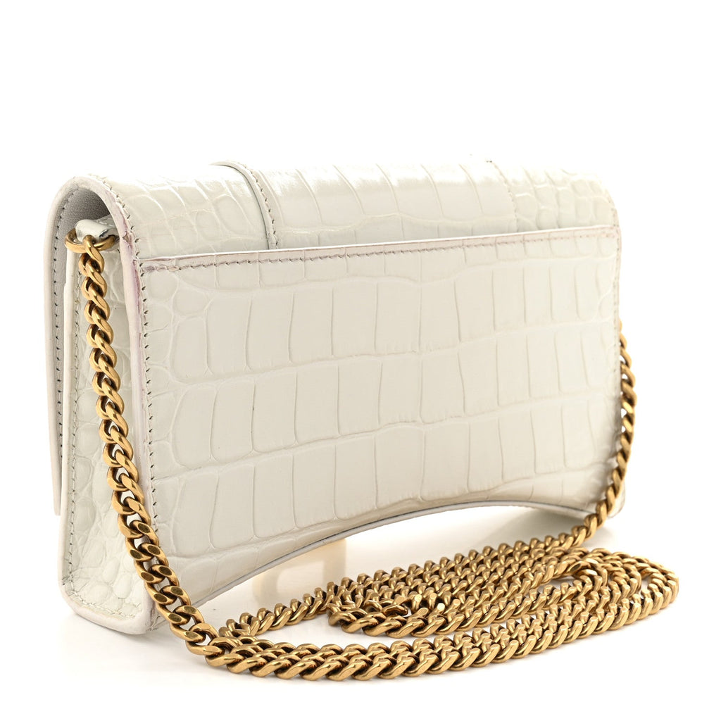 Shiny Calfskin Crocodile Embossed Hourglass Chain Bag White