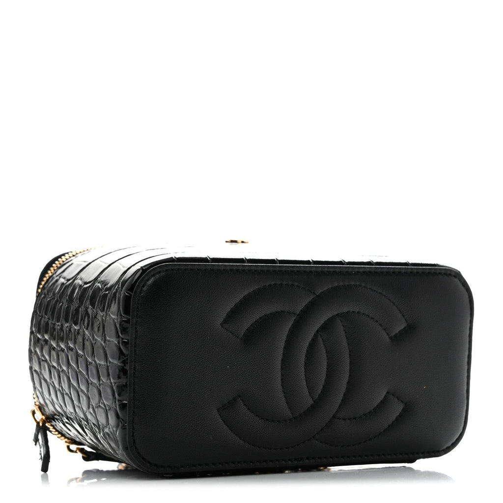 Calfskin Crocodile Embossed Crococo Small Top Handle Vanity Case With Chain Black