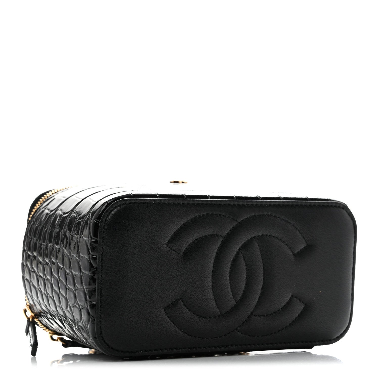 Calfskin Crocodile Embossed Crococo Small Top Handle Vanity Case With Chain Black