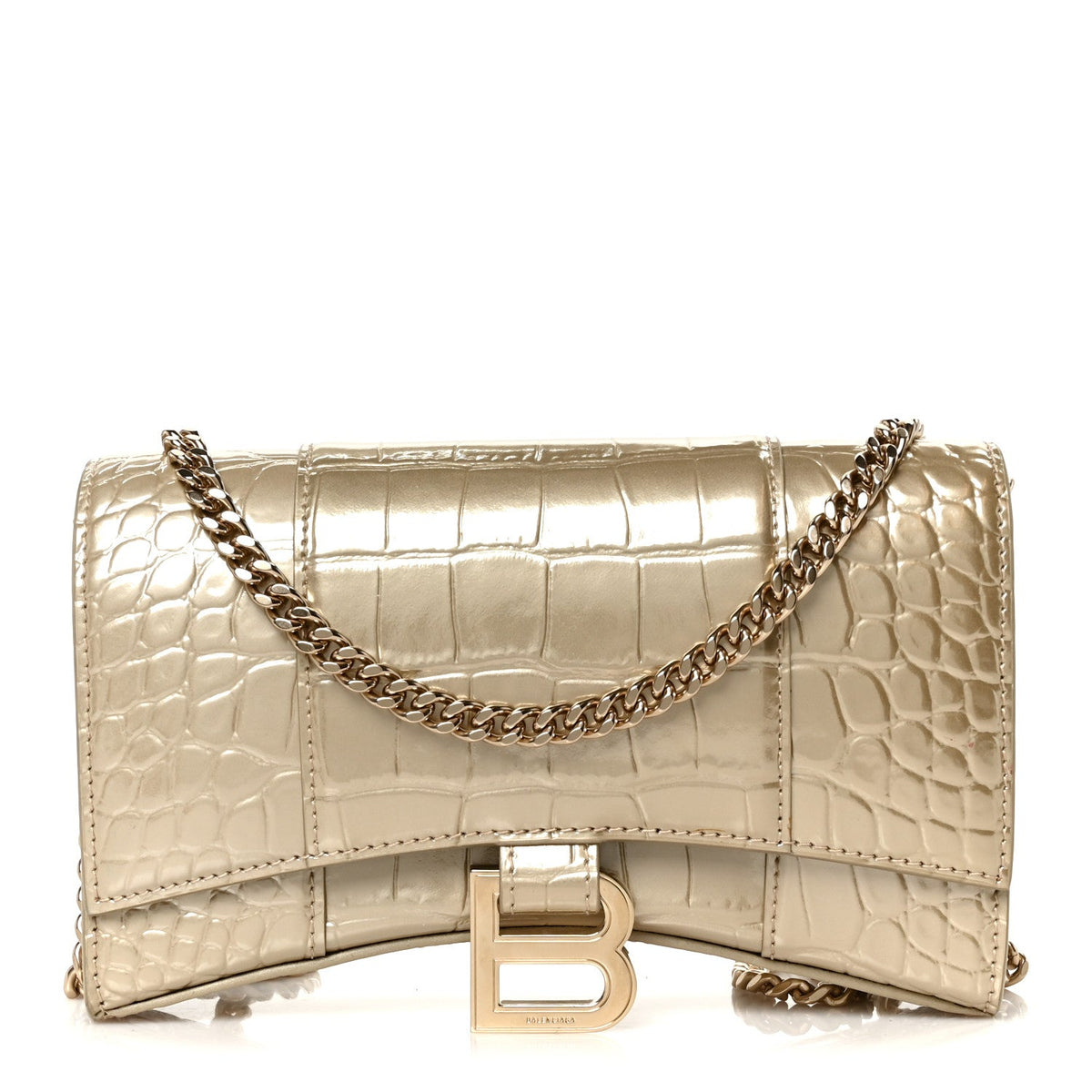 Metallic Calfskin Crocodile Embossed Hourglass Chain Bag Gold