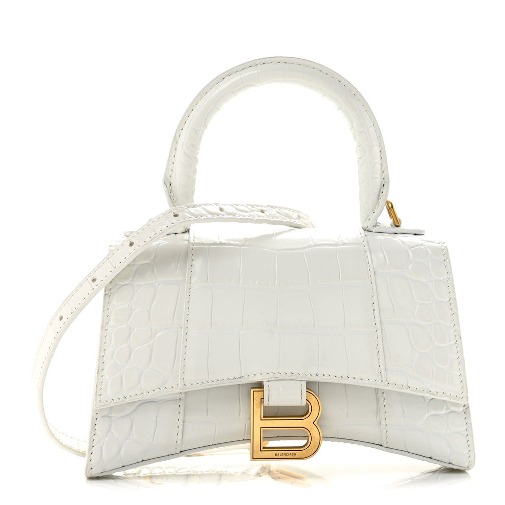 Shiny Calfskin Crocodile Embossed Hourglass Top Handle Bag XS White