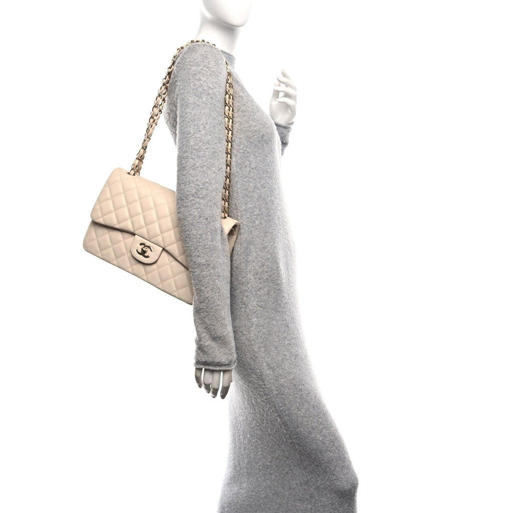 Caviar Quilted Jumbo Double Flap Light Beige