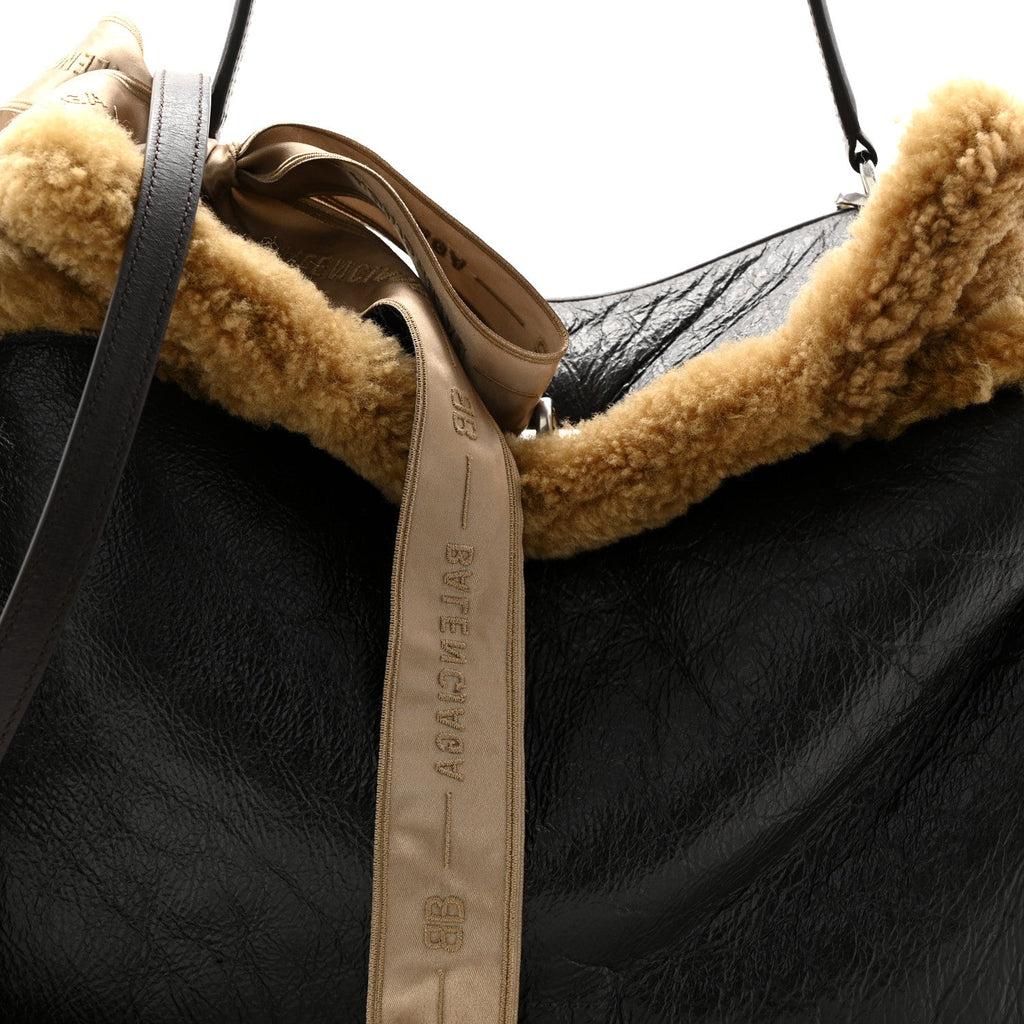 Crushed Calfskin Shearling Medium Rodeo Top Handle Handbag Brown Beige