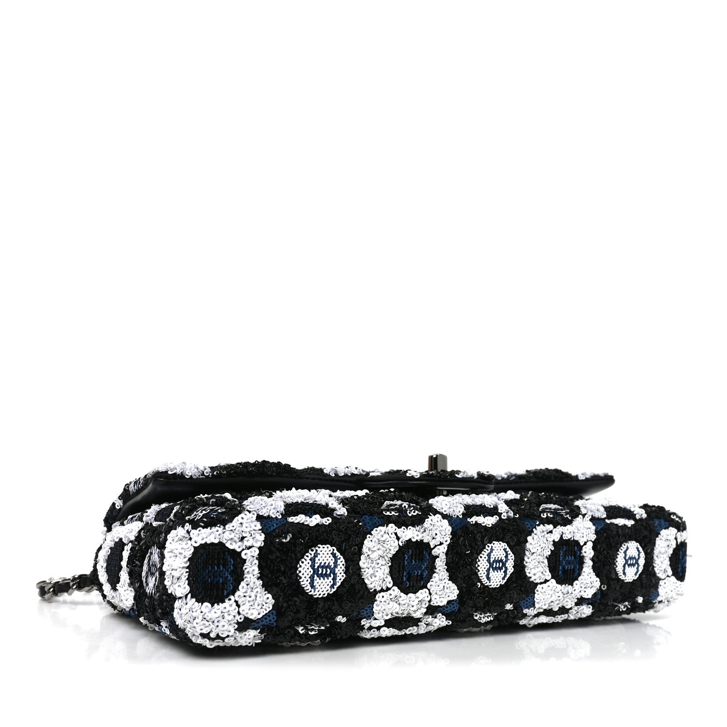 Satin Sequin Embellished Flower East West Flap Black White Blue
