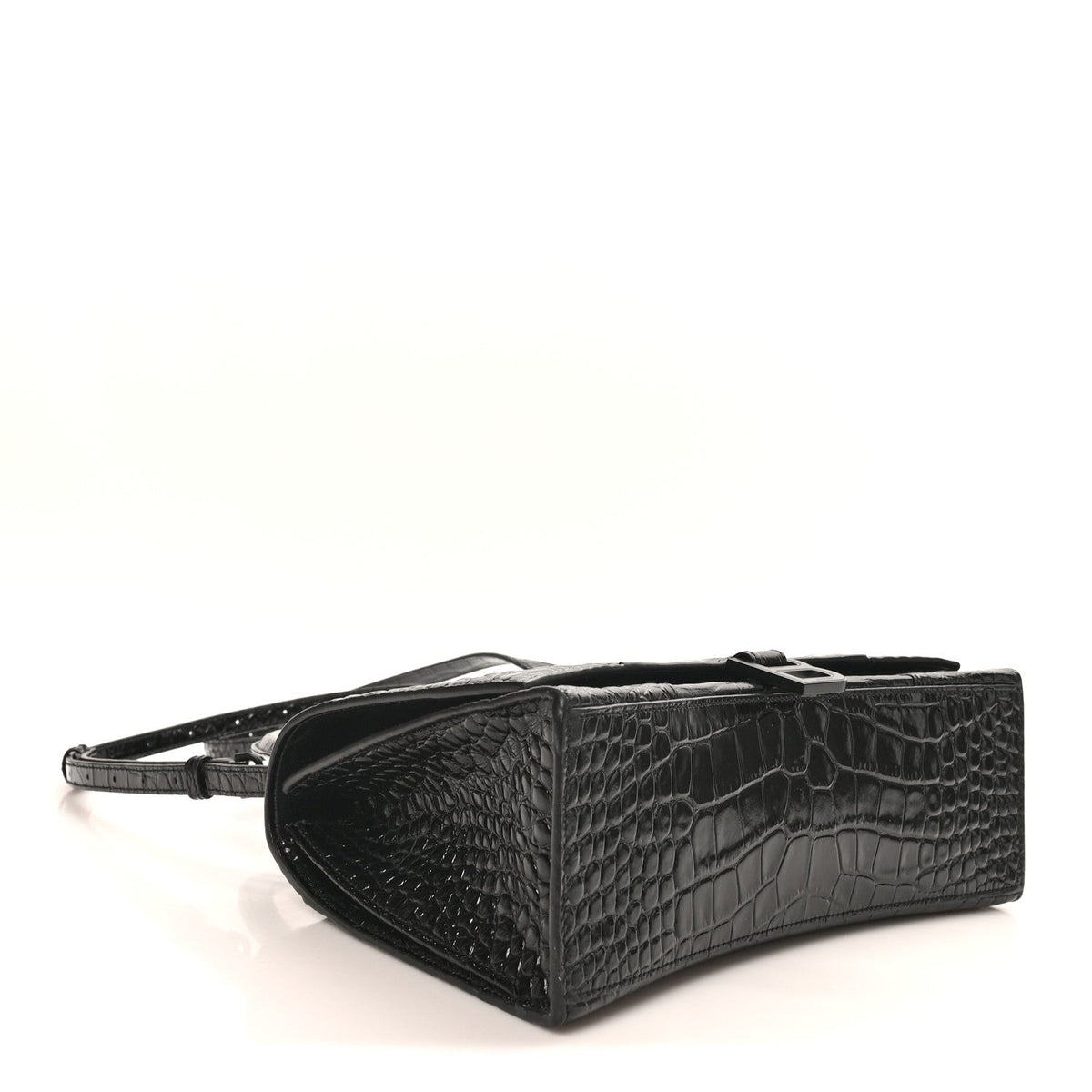 Shiny Calfskin Monochrome Crocodile Embossed Medium Hourglass Top Handle Bag Black