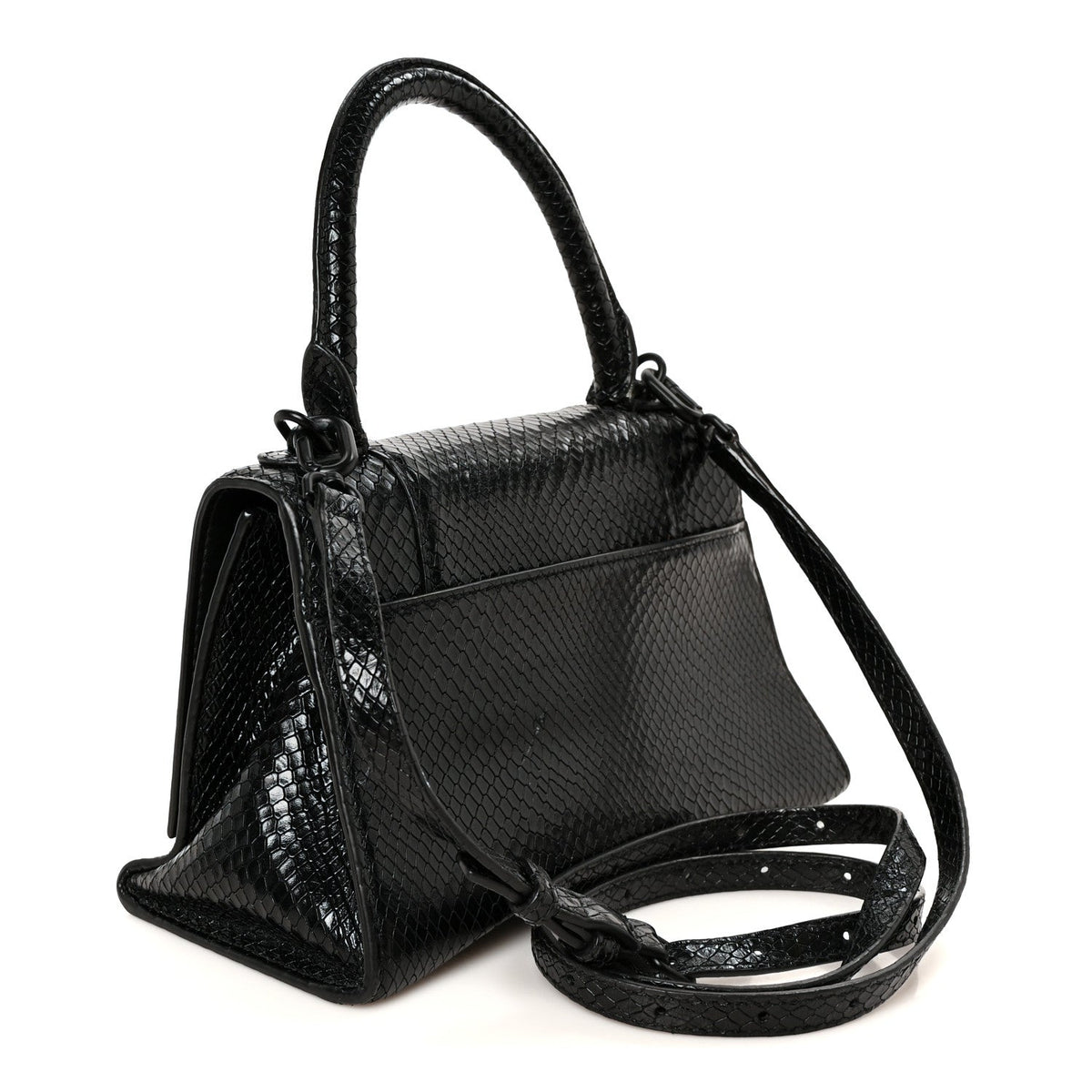 Matte Calfskin Snake Embossed Tonal B Small Hourglass Top Handle Bag Black