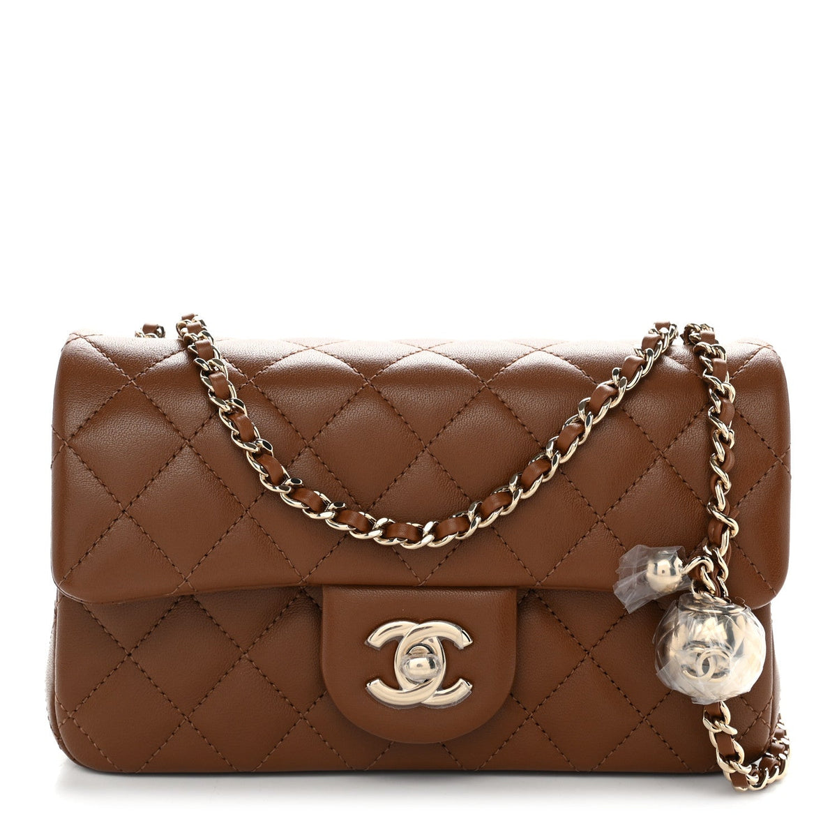 Lambskin Quilted Mini Rectangular Pearl Crush Flap Brown