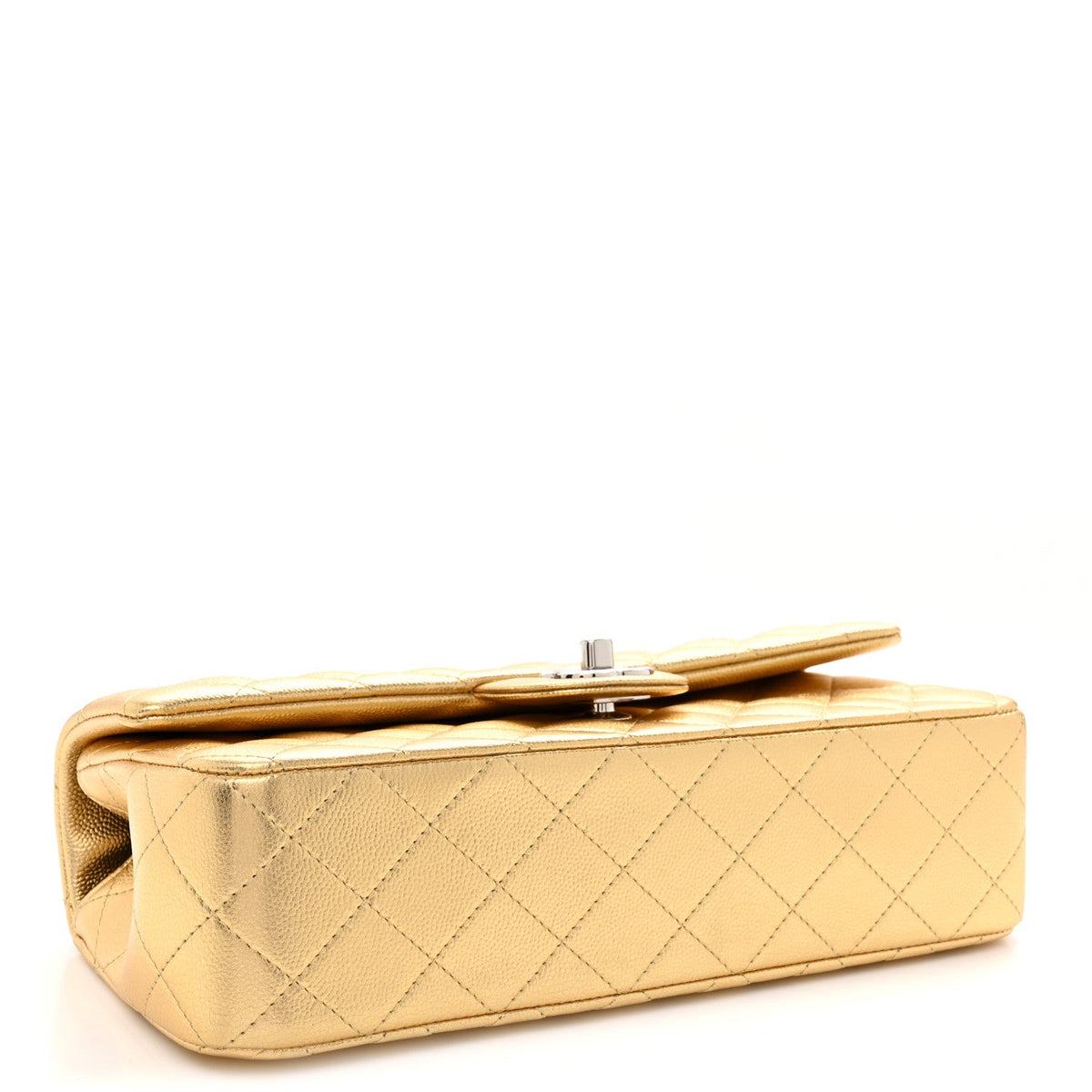 Metallic Caviar Quilted Top Handle East West Flap Gold
