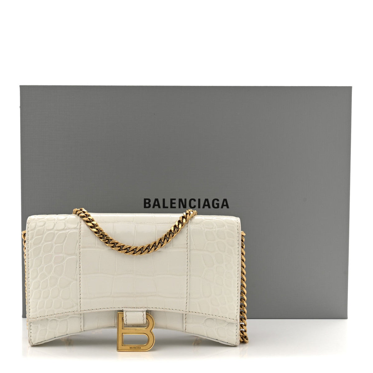 Shiny Calfskin Crocodile Embossed Hourglass Chain Bag White