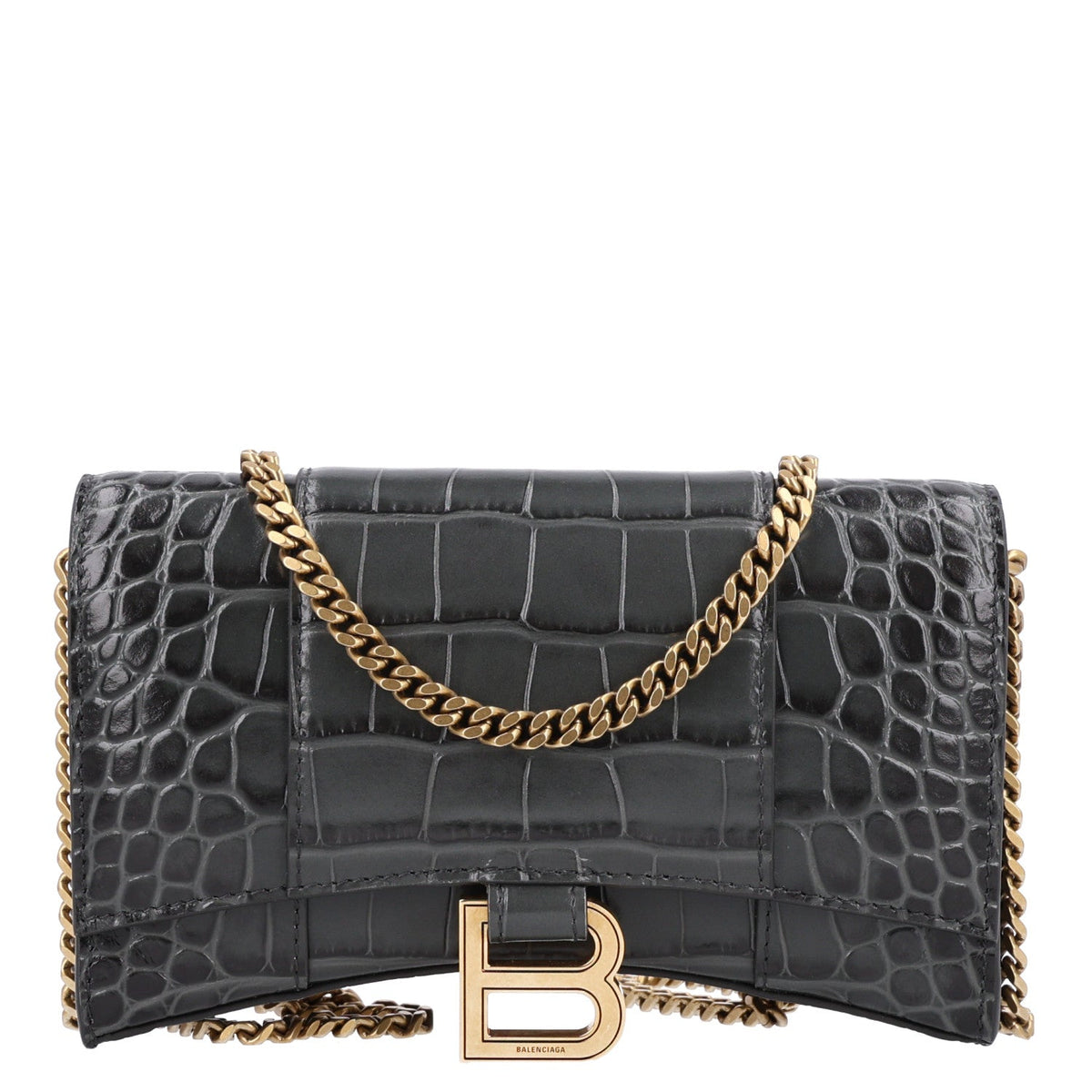 Shiny Calfskin Crocodile Embossed Hourglass Chain Bag Gris