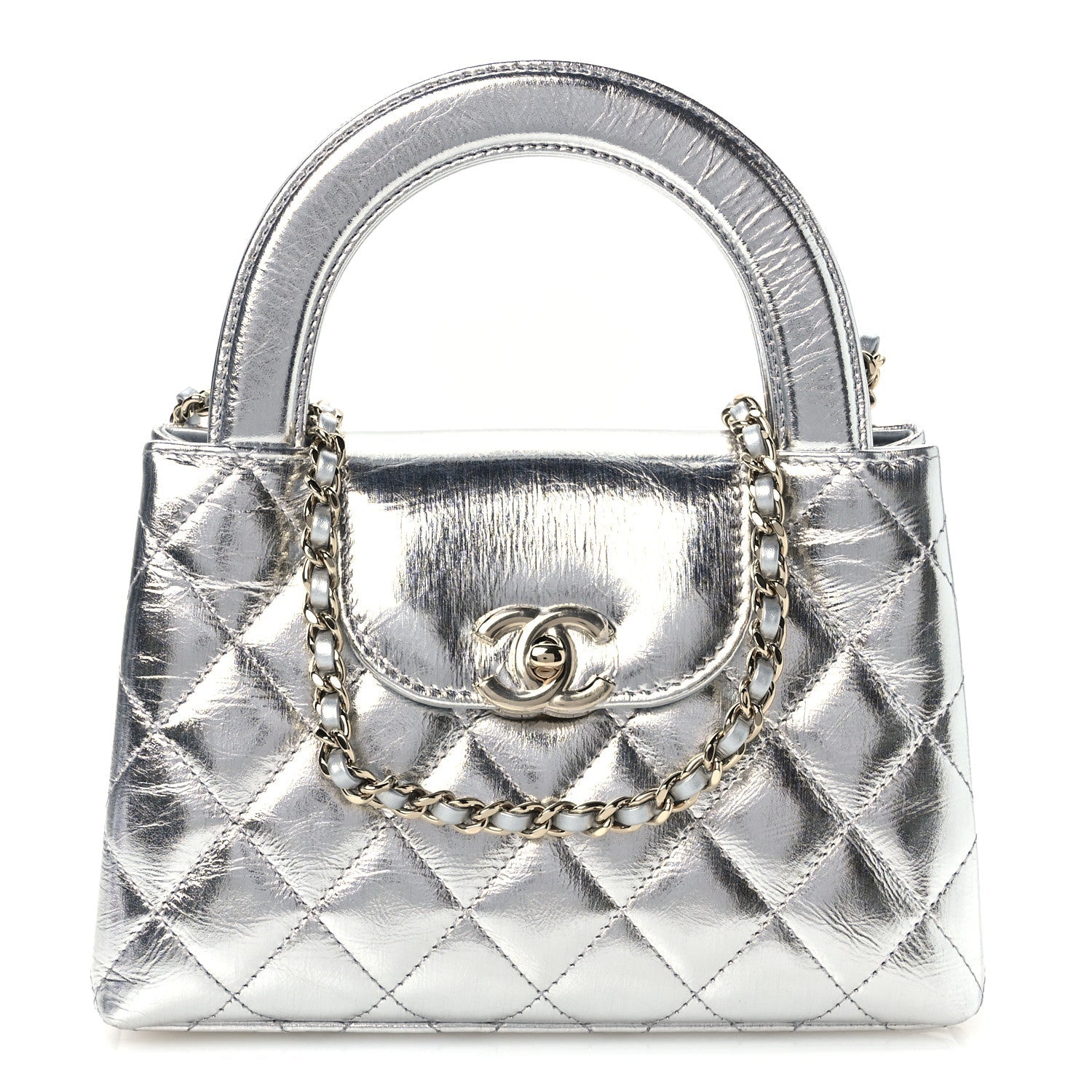Metallic Aged Calfskin Quilted Nano Kelly Shopper Silvery