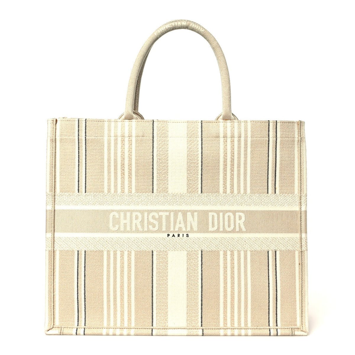 Canvas Embroidered Large Stripes Book Tote Beige