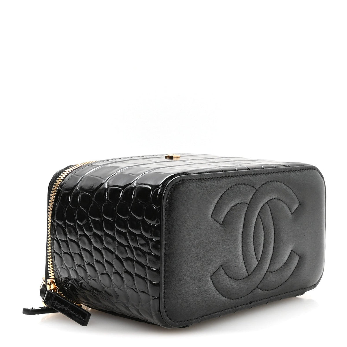 Calfskin Crocodile Embossed Crococo Small Top Handle Vanity Case With Chain Black